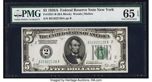 image for: Fr. 1951-B $5 1928A Federal Reserve Note. PMG Gem Uncirculated 65 EPQ....