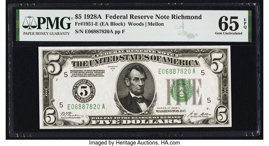 image for: Fr. 1951-E $5 1928A Federal Reserve Note. PMG Gem Uncirculated 65 EPQ....