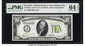 image for: Fr. 2005-J $10 1934 Federal Reserve Note. PMG Choice Uncirculated 64 EPQ....