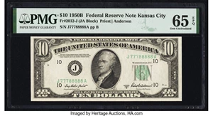 image for: Fancy Serial Number 77788888 Fr. 2012-J $10 1950B Federal Reserve Note. PMG Gem Uncirculated 65 EPQ....