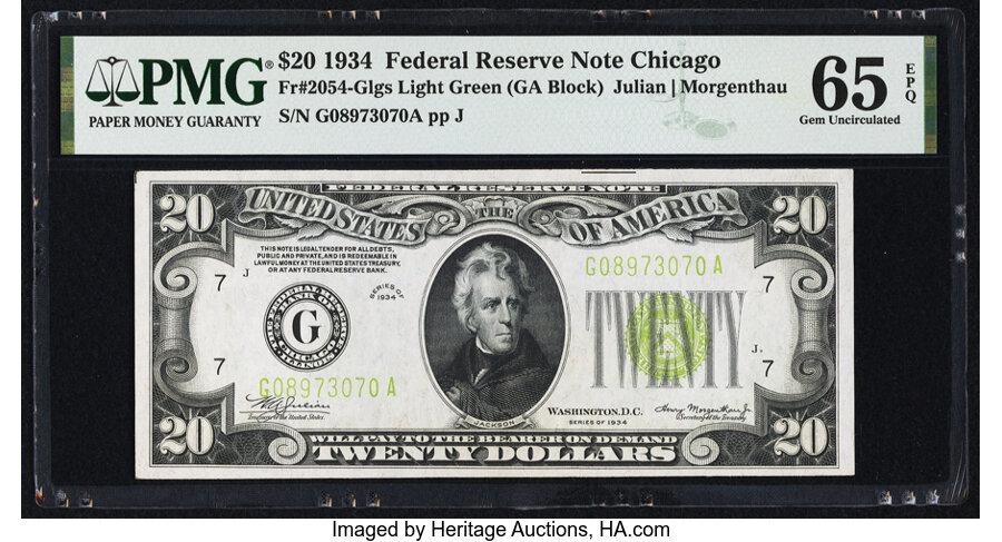 image for: Fr. 2054-G $20 1934 Light Green Seal Federal Reserve Note. PMG Gem Uncirculated 65 EPQ....