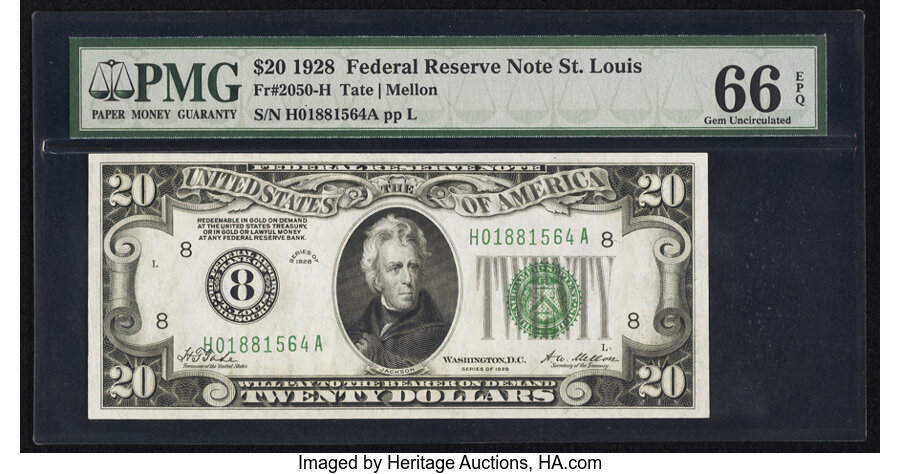 image for: Fr. 2050-H $20 1928 Federal Reserve Note. PMG Gem Uncirculated 66 EPQ....