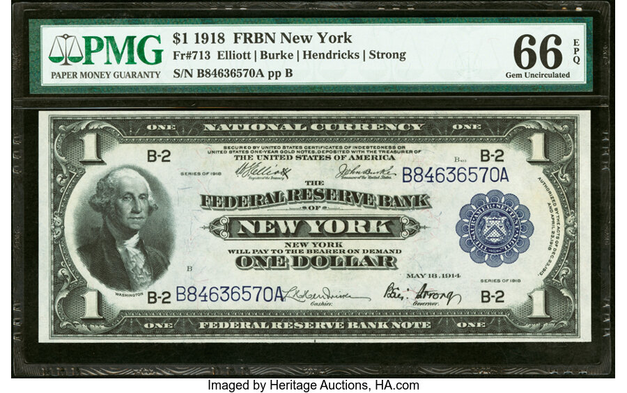 image for: Fr. 713 $1 1918 Federal Reserve Bank Note PMG Gem Uncirculated 66 EPQ....