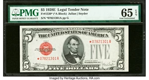 image for: Fr. 1530* $5 1928E Legal Tender Star Note. PMG Gem Uncirculated 65 EPQ....