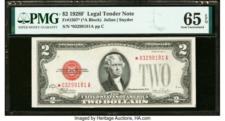 image for: Fr. 1507* $2 1928F Legal Tender Star Note. PMG Gem Uncirculated 65 EPQ....