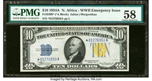 image for: Fr. 2309* $10 1934A North Africa Silver Certificate Star. PMG Choice About Unc 58....