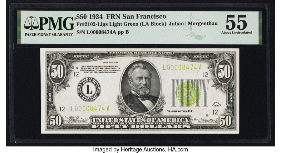 image for: Fr. 2102-L $50 1934 Light Green Seal Federal Reserve Note. PMG About Uncirculated 55....