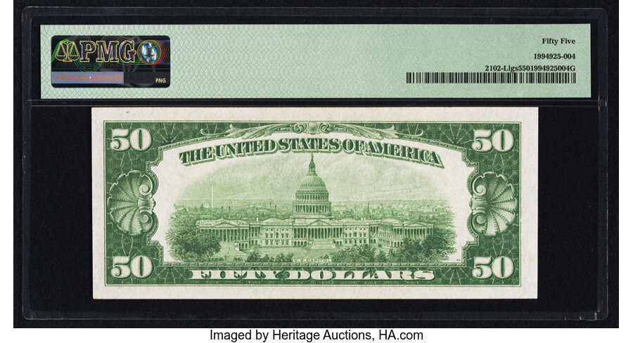 image for: Fr. 2102-L $50 1934 Light Green Seal Federal Reserve Note. PMG About Uncirculated 55....
