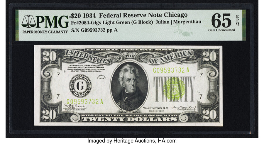 image for: Fr. 2054-G $20 1934 Light Green Seal Federal Reserve Note. PMG Gem Uncirculated 65 EPQ....
