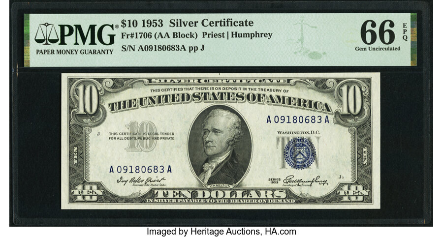 image for: Fr. 1706 $10 1953 Silver Certificate. PMG Gem Uncirculated 66 EPQ....