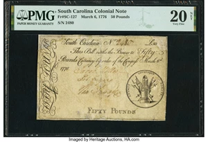 image for: South Carolina March 6, 1776 £50 PMG Very Fine 20 Net....