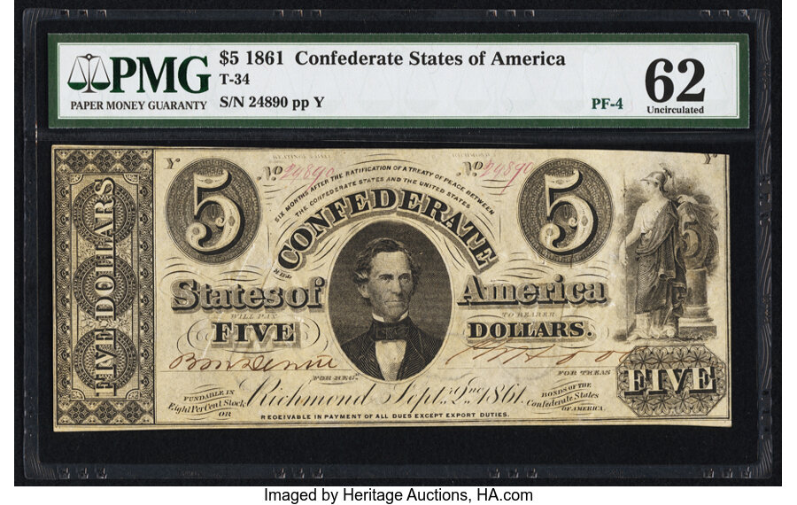 image for: "REOEIVABLE" Error Variety T34 $5 1861 PF-4 Cr. 264A PMG Uncirculated 62....