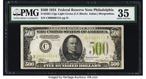image for: Fr. 2201-C $500 1934 Light Green Seal Federal Reserve Note. PMG Choice Very Fine 35....