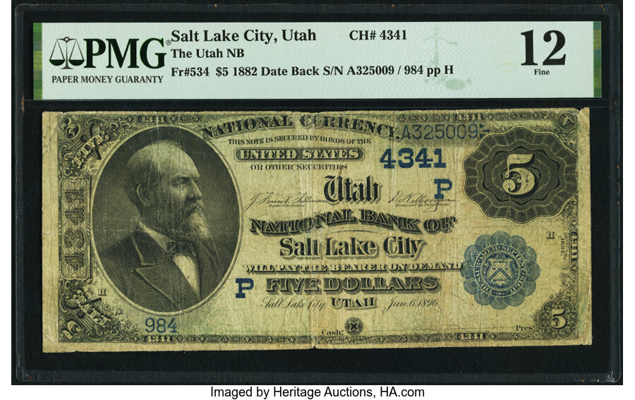 image for: Salt Lake City, UT - $5 1882 Date Back Fr. 534 The Utah National Bank Ch. # (P)4341 PMG Fine 12....