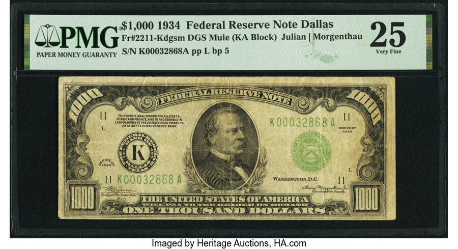image for: Fr. 2211-K $1,000 1934 Mule Federal Reserve Note. PMG Very Fine 25....