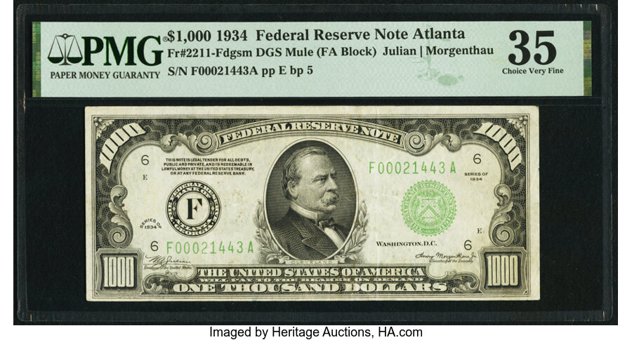 image for: Fr. 2211-F $1,000 1934 Mule Federal Reserve Note. PMG Choice Very Fine 35....