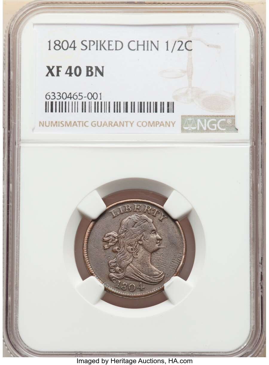 image for: 1804 1/2 C Spiked Chin, C-6, B-6, R.2, XF40 NGC. NGC Census: (28/229). PCGS Population: (5/25). CDN: $495 Whsle. Bid for NG...