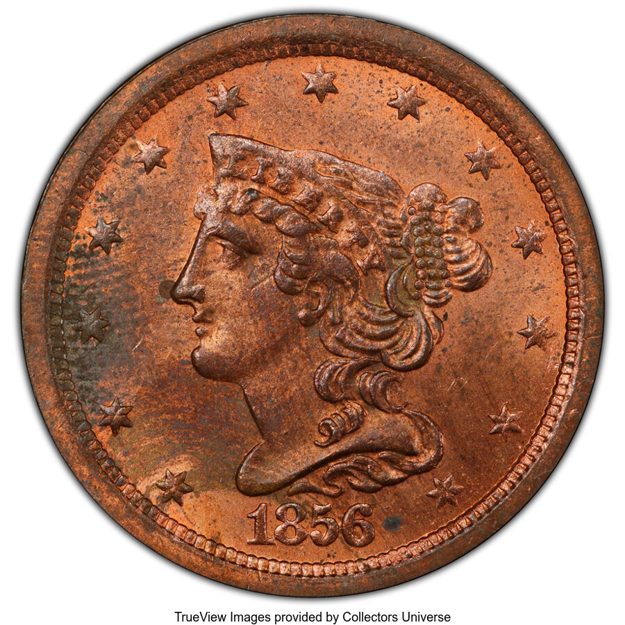 image for: 1856 1/2 C MS63 Red and Brown PCGS. PCGS Population: (27/32 and 0/0+). NGC Census: (0/0 and 0/0+). CDN: $450 Whsle. Bid for...