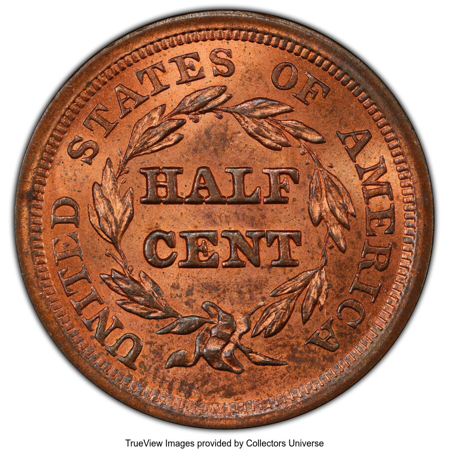 image for: 1856 1/2 C MS63 Red and Brown PCGS. PCGS Population: (27/32 and 0/0+). NGC Census: (0/0 and 0/0+). CDN: $450 Whsle. Bid for...