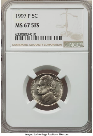 image for: 1997-P 5C MS67 Full Steps NGC. NGC Census: (1/0). PCGS Population: (11/0). CDN: $450 Whsle. Bid for NGC/PCGS MS67. ...