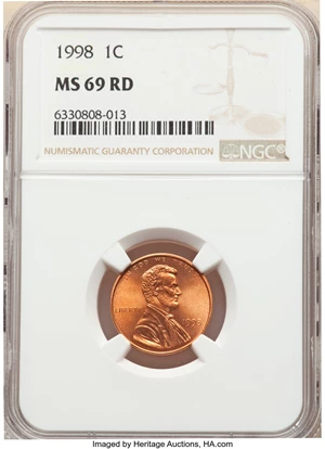 image for: 1998 1C MS69 Red NGC. NGC Census: (17/0). PCGS Population: (6/0). ...