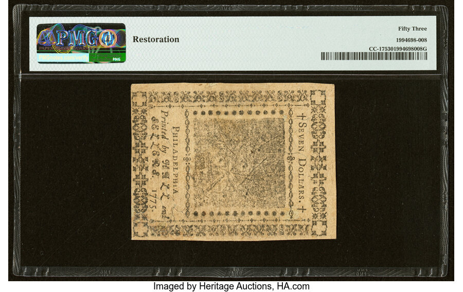 image for: Continental Currency November 29, 1775 $7 PMG About Uncirculated 53....