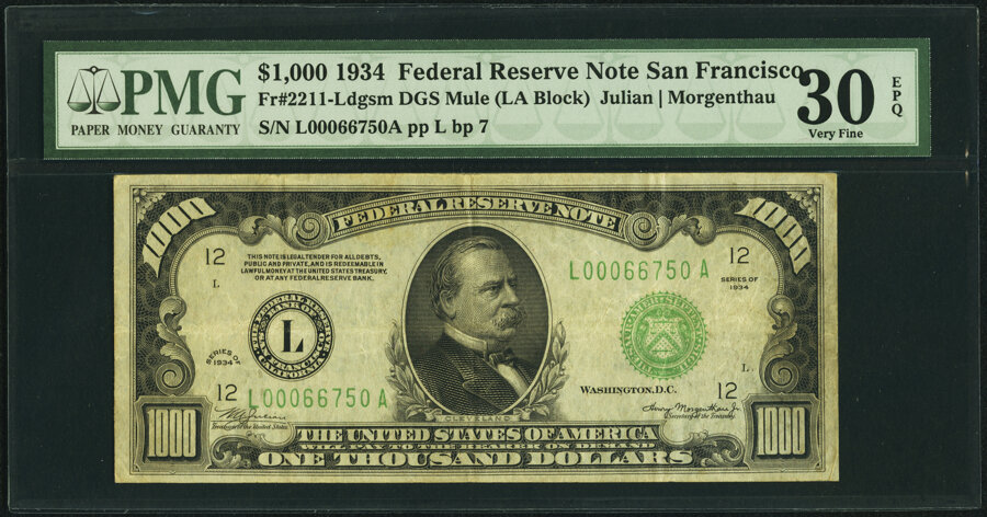 image for: Fr. 2211-L $1,000 1934 Mule Federal Reserve Note. PMG Very Fine 30 EPQ....