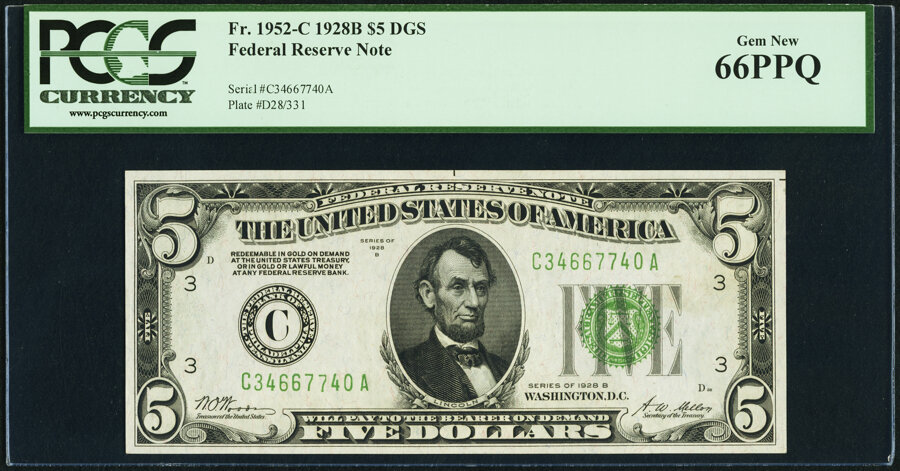 image for: Fr. 1952-C $5 1928B Federal Reserve Note. PCGS Gem New 66PPQ....