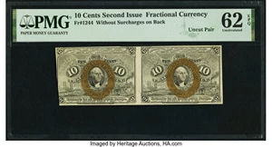 image for: Fr. 1244 10¢ Second Issue Horizontal Uncut Pair PMG Uncirculated 62 EPQ....