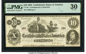 image for: CT46 $10 1862 Counterfeit PMG Very Fine 30....
