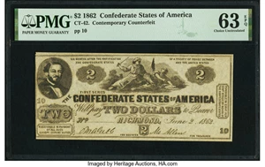 image for: CT42/334 $2 1862 Counterfeit PMG Choice Uncirculated 63 EPQ....