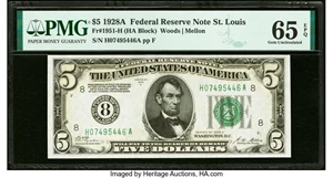 image for: Fr. 1951-H $5 1928A Federal Reserve Note. PMG Gem Uncirculated 65 EPQ....