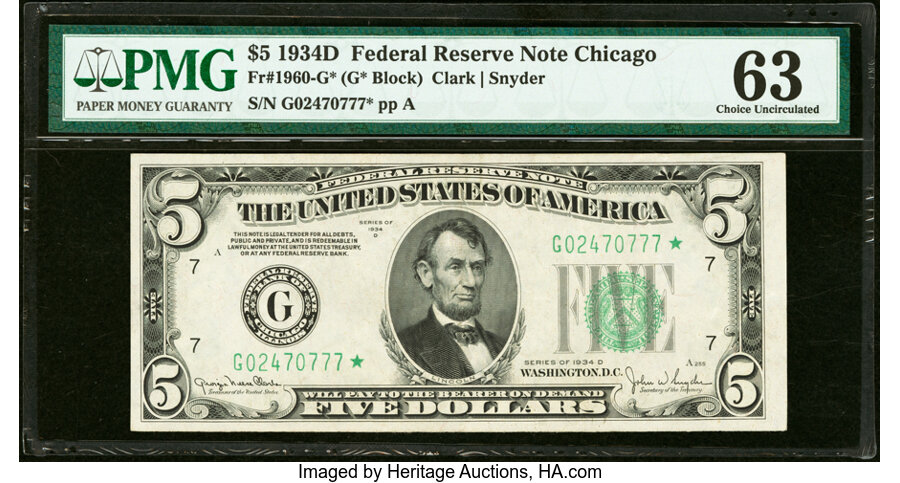 image for: Fr. 1960-G* $5 1934D Federal Reserve Star Note. PMG Choice Uncirculated 63....