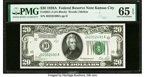 image for: Fr. 2051-J $20 1928A Federal Reserve Note. PMG Gem Uncirculated 65 EPQ....
