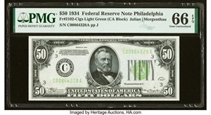 image for: Fr. 2102-C $50 1934 Light Green Seal Federal Reserve Note. PMG Gem Uncirculated 66 EPQ....