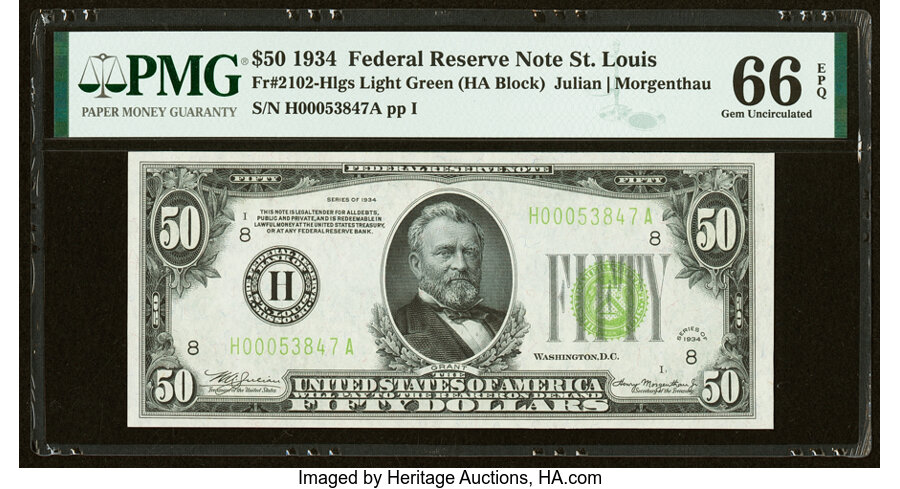 image for: Fr. 2102-H $50 1934 Light Green Seal Federal Reserve Note. PMG Gem Uncirculated 66 EPQ....
