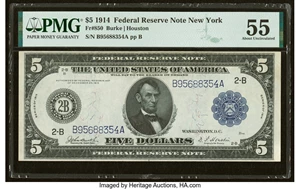 image for: Fr. 850 $5 1914 Federal Reserve Note PMG About Uncirculated 55....