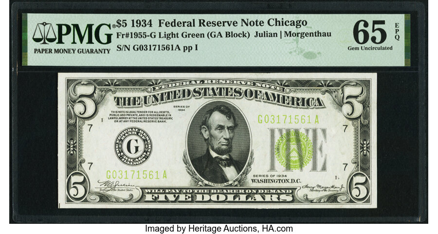 image for: Fr. 1955-G $5 1934 Federal Reserve Note. PMG Gem Uncirculated 65 EPQ....
