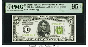 image for: Fr. 1952-H $5 1928B Light Green Seal Federal Reserve Note. PMG Gem Uncirculated 65 EPQ....