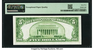 image for: Fr. 1952-H $5 1928B Light Green Seal Federal Reserve Note. PMG Gem Uncirculated 65 EPQ....