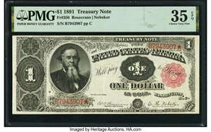 image for: Fr. 350 $1 1891 Treasury Note PMG Choice Very Fine 35 EPQ....