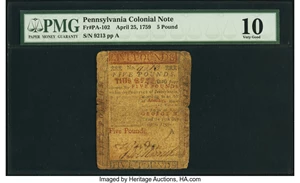image for: Pennsylvania April 25, 1759 £5 PMG Very Good 10....