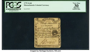 image for: Massachusetts 1779 3s 6d PCGS Apparent Very Fine 30....