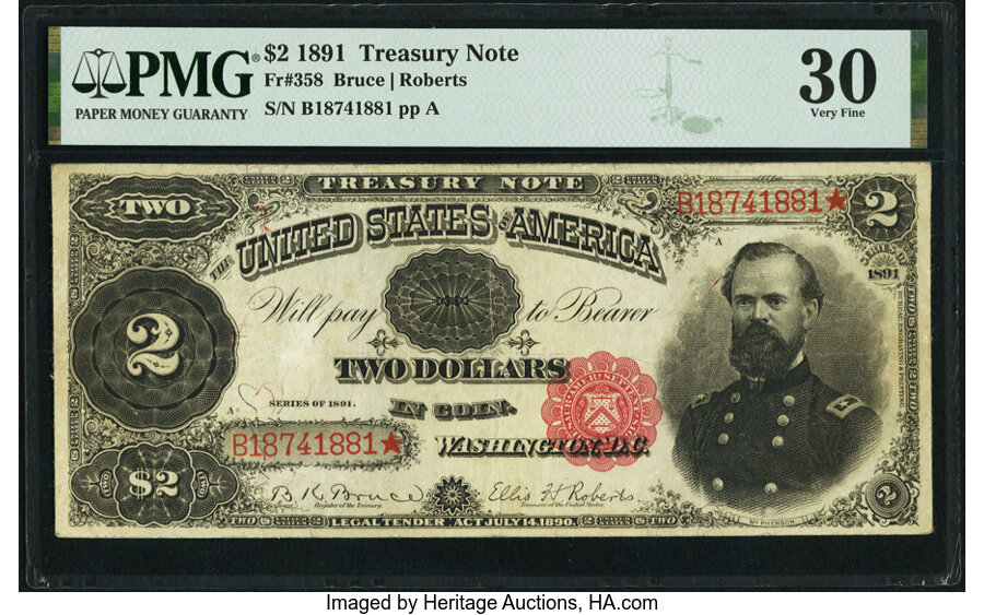 image for: Fr. 358 $2 1891 Treasury Note PMG Very Fine 30....