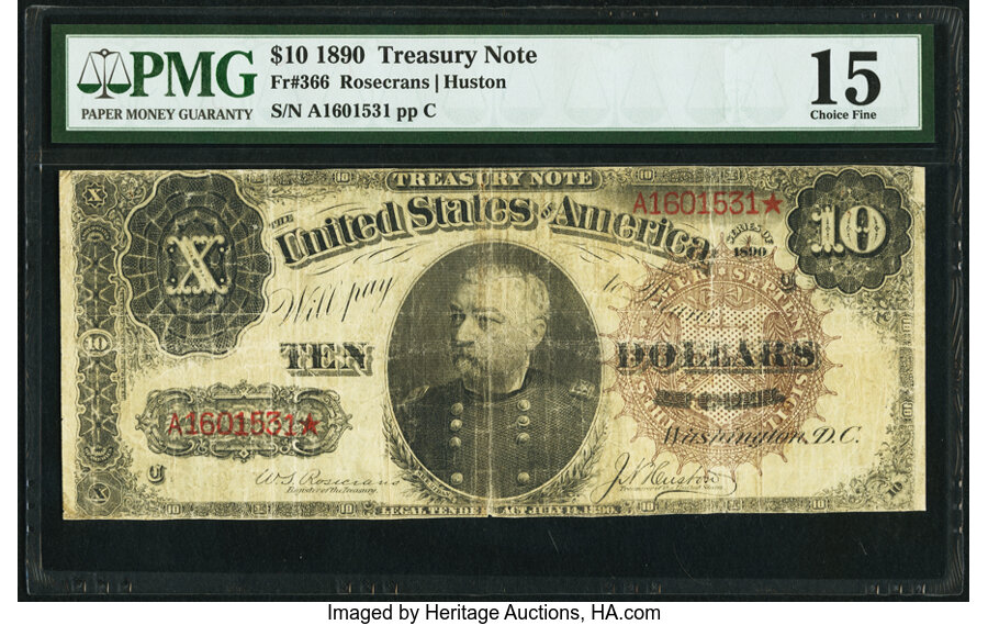 image for: Fr. 366 $10 1890 Treasury Note PMG Choice Fine 15....