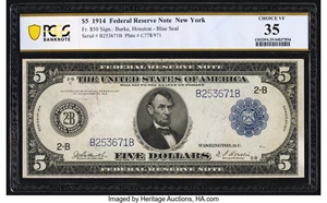 image for: Fr. 850 $5 1914 Federal Reserve Note PCGS Banknote Choice VF 35....