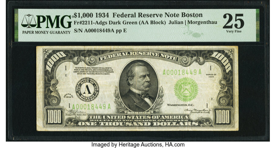 image for: Fr. 2211-A $1,000 1934 Federal Reserve Note. PMG Very Fine 25....