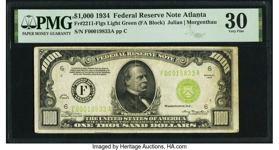 image for: Fr. 2211-F $1,000 1934 Light Green Seal Federal Reserve Note. PMG Very Fine 30....