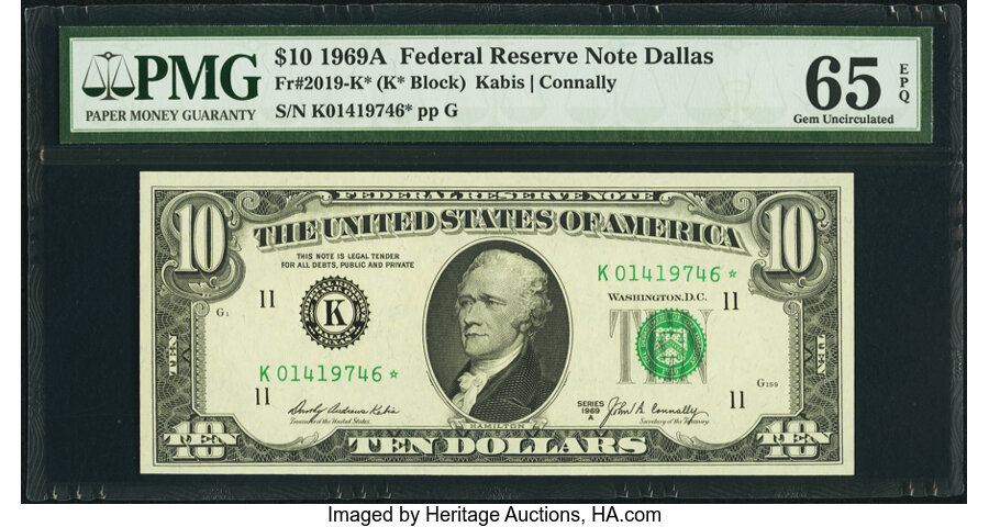image for: Fr. 2019-K* $10 1969A Federal Reserve Star Note. PMG Gem Uncirculated 65 EPQ....