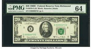 image for: Low Serial Number 73 Fr. 2070-E $20 1969C Federal Reserve Note. PMG Choice Uncirculated 64....